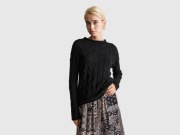 Benetton sweter wełna kaszmir czarny splot warkoczowy