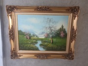 Obraz olejny pejzaż A. Keddy – sygnowany – duża złocona rama 