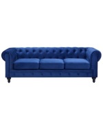 Elegancka sofa 3 osobowa welurowa niebieska chesterfield
