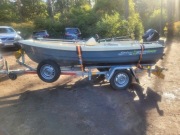 Łódka wędkarska solar 360 sport, silnik zaburtowa, przyczepa podłodziowa