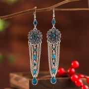 Długie kolczyki retro kwiat srebrny kolor turkusowe cyrkonie oczka goth