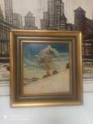 Mały obraz olejny – zimowy pejzaż w ramie