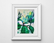 Akwarela oryginalna A5 "Magnolia Blue Opal", botaniczna, liście, zimne
