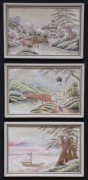 Zestaw 3 japońskich obrazów haftowanych na jedwabiu, lata 40. – 60. XX w.