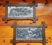 Myśliwskie płaskorzeźby cynowe obraz w dębowych ramach