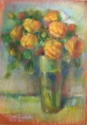 KWIATY ŻÓŁTE RÓŻE pastel olejny 48x33cm 