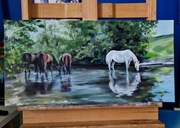 Obraz ręcznie malowany, konie nad rzeką 30x60cm