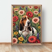 Plakat Basset wśród kwiatów A4 (21 x 30cm)