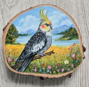 Autorski obraz - akryl + naturalny plaster brzozowy - papuga nimfa NOWY