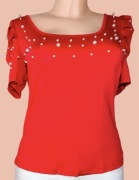 Czerwona Bluzka z krótkimi bufiastymi rękawami perełki L/XL (40/42) Nowa