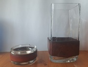 Szklany wazon i popielniczka zdobione skórą, masywne grube szkło 12x12x25cm