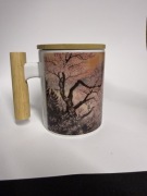 Kubek ceramiczny biały Japoński vintage nadruk z bambusowym uchwytem