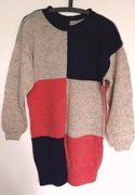 HANDMADE długi trójkolorowy sweter 40 L JAK NOWY
