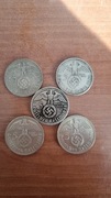 III Rzesza  5 Marek 1936-1939 HINDENBURG zestaw 5 sztuk monet