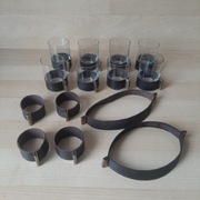 Vintage zestaw 8 kieliszków 2 opaski na butelki skóra mosiądz  lata 70-80 