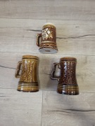 Zestaw 3 ceramicznych kufli do piwa - brązowe, dekoracyjne