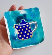 Mini Akwarela, dzbanek w grochy, Polska ceramika, złoty, granat