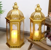 Lampiony dekoracyjne 2 szt złote metalowe vintage 50 i 38 cm