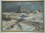 ,, PEJZAŻ ZIMOWY Z CHATĄ W TLE "