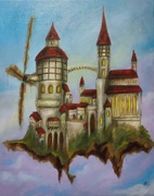 Obraz olejny surrealizm " Wędrowny bastion"  40/50 cm A.Groński 
