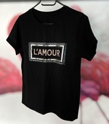 Czarna bluzka / T-shirt L'AMOUR - kryształki / cyrkonie holo, MEGi S/M