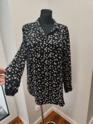 Czarna koszula w białe kwiatki 42 XL lekka zwiewna długa