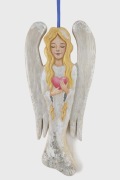 Srebrny Anioł malowany na drewnie Chrzest Komunia Prezent
