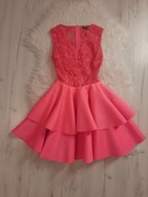 EMO piękna różowa sukienka z koronką i falbanami XS 34