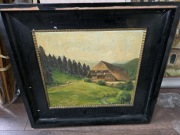 Obraz olejny, pejzaż z chatą krytą strzechą, lata 30-50 XX 60x55