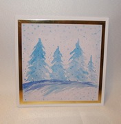 Kartka świąteczna Boże Narodzenie złota niebieska choinki ręcznie malowana