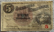 Szwecja Król Gustaw I Waza Svea SEK 5 koron 1947 P# 33ad Rzadkie Uszkodzone