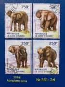Znaczki fauna:381: słonie, zwierzęta- Wybrzeże Kości Słoniowej 2014r 