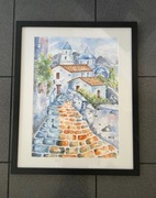 Obraz akwarela ręcznie malowany Santorini A3 nowy