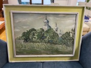 Obraz olejny zabudowa sakralna kościół kopuły krzyże 85x65cm