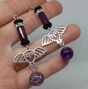 Kolczyki Sowa nocą przy latarni morskiej, fiolet, szkło, wiszące, Handmade