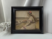 Stary przedwojenny skandynawski obraz do 1890 r. portret unikat