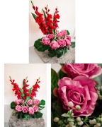 Kompozycja nagrobna 60 cm róże mieczyki betonowa misa