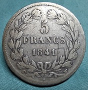 Moneta srebrna Francja 5 franków 1841 W Ludwik Filip wieniec