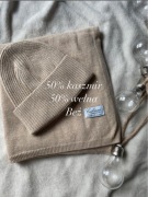 Szal i czapka beżowy bez śmietankowy Cashmere 50% kaszmir 50% wełna