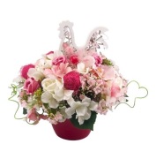 PIĘKNA, ORYGINALNA KOMPOZYCJA/BIEL/ RÓŻ/ DREWNIANA KURKA