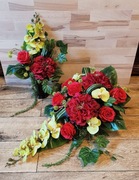 Komplet kompozycja sztuczne kwiaty bukiet wazon bordo zwis na grób cmentarz