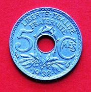 5 Centymów  1938  r  -  Francja    Gałąź oliwna    