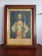 Zabytkowy obraz Serce Jezusa Miłosiernego rama drewniana 