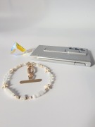 Biżuteryjna smycz do telefonu Perła, biały Agat, Hematyt, Szkło Mattè Prism