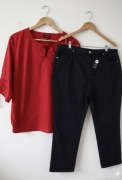 Zestaw damski 52/54 bluzka czerwona cotton 100% spodnie jeansy czarne Booho