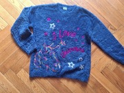 Piękny włochaty sweter jednorożec 146 niebieski cekiny