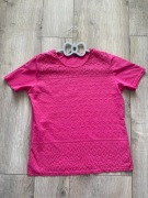 Różowy t-shirt bawełniany z motywem ażurkowym