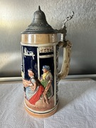 Stary ceramiczny niemiecki kufel do piwa kolekcjonerski z cynową pokrywką