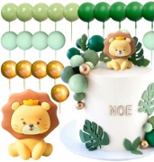 Zestaw na tort BRĄZOWY LEW z zielonymi i złotymi kulami BOHO