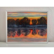 Obraz w srebrnej ramie, pomarańczowy zachód